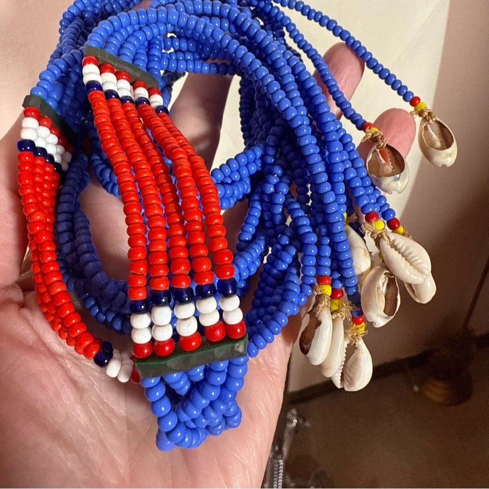 Vintage southwestern red blue Beaded Belt necklace shell tassels adjustable